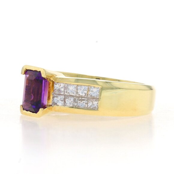 Yellow Gold Amethyst & Diamond Ring - 18k Emerald Cut 1.68ctw - Picture 3 of 6